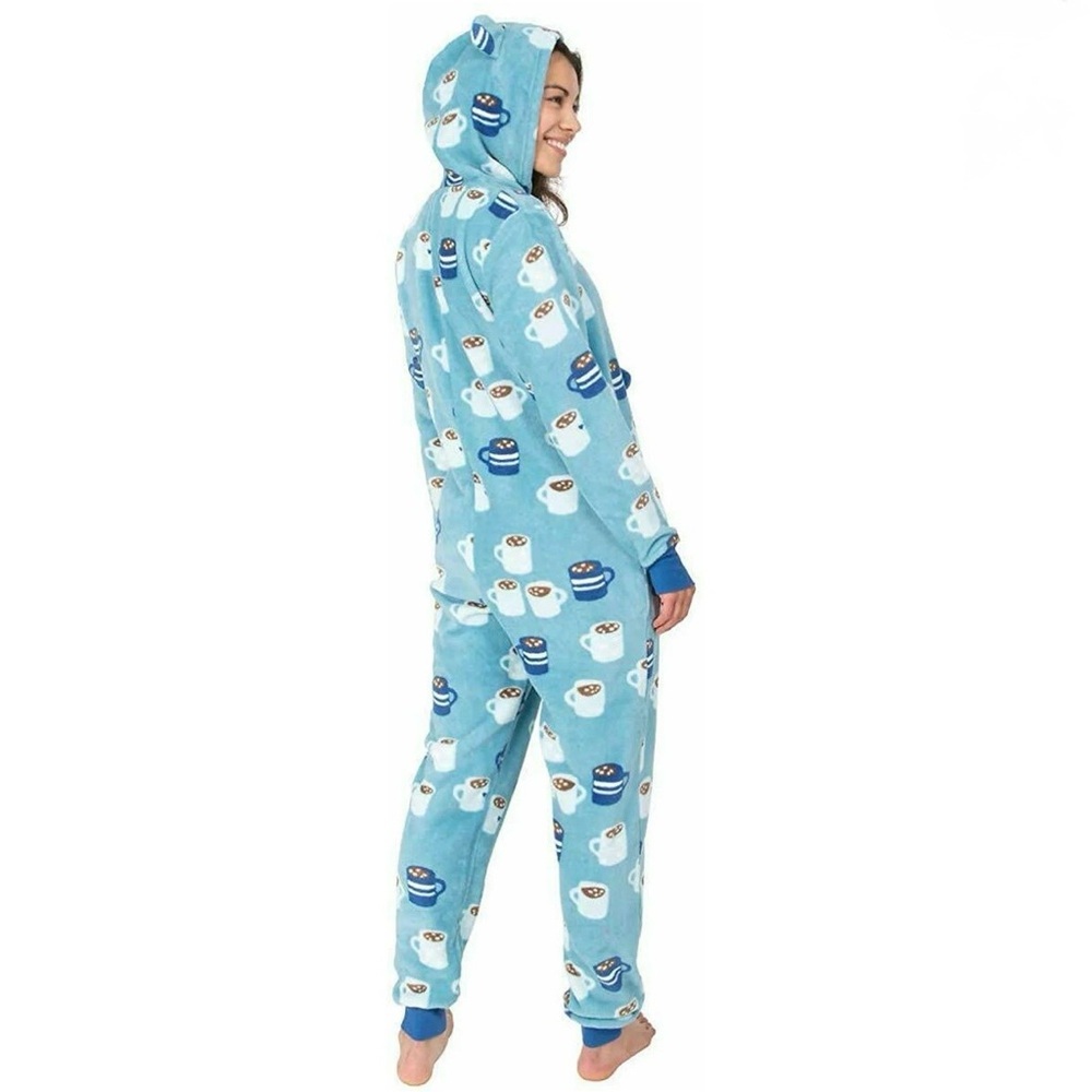Munki Munki Womens Blue Hot‎ Cocoa Fleece Hooded One Piece Pajama Small Ears Zip - Picture 14 of 14
